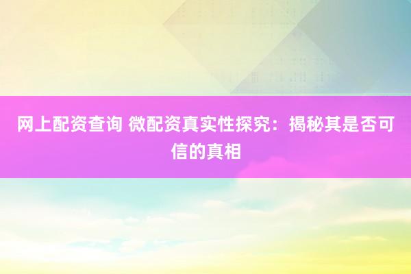 网上配资查询 微配资真实性探究：揭秘其是否可信的真相