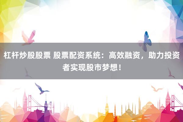 杠杆炒股股票 股票配资系统：高效融资，助力投资者实现股市梦想！